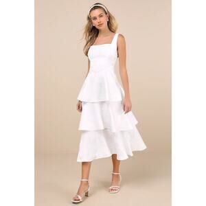 Lulus “Elinore” White Floral Jacquard Tiered Midi Dress – XS NWT